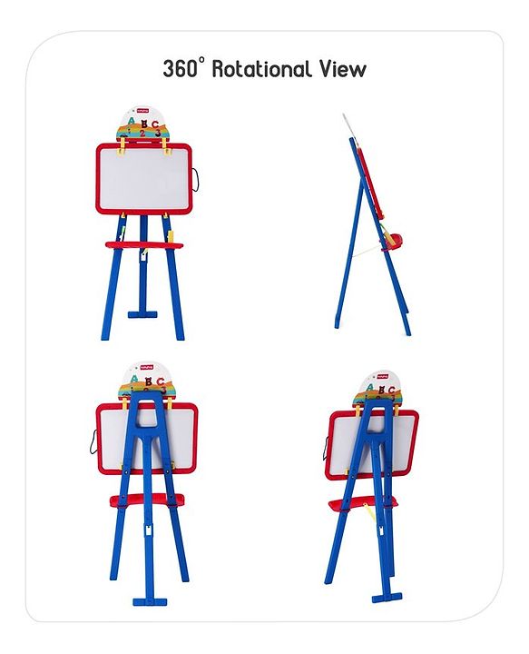 Babyhug 8-in-1 Adjustable Easel Board - Magnetic Whiteborad & Chalkboard with Alpha & Numeric | Hight Adjustable | Educational Toy | Enhances Learning & Creativity | Blue & Red |BIS Certified