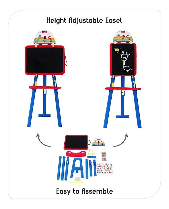 Babyhug 8-in-1 Adjustable Easel Board - Magnetic Whiteborad & Chalkboard with Alpha & Numeric | Hight Adjustable | Educational Toy | Enhances Learning & Creativity | Blue & Red |BIS Certified