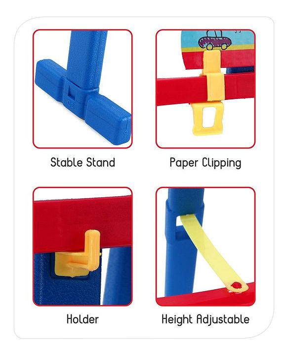 Babyhug 8-in-1 Adjustable Easel Board - Magnetic Whiteborad & Chalkboard with Alpha & Numeric | Hight Adjustable | Educational Toy | Enhances Learning & Creativity | Blue & Red |BIS Certified