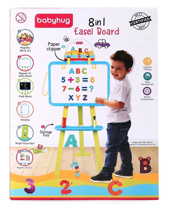 Babyhug 8-in-1 Adjustable Easel Board - Magnetic Whiteborad & Chalkboard with Alpha & Numeric | Hight Adjustable | Educational Toy | Enhances Learning & Creativity | Blue & Red |BIS Certified
