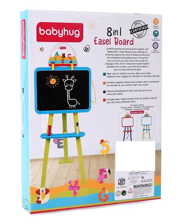Babyhug 8-in-1 Adjustable Easel Board - Magnetic Whiteborad & Chalkboard with Alpha & Numeric | Hight Adjustable | Educational Toy | Enhances Learning & Creativity | Blue & Red |BIS Certified