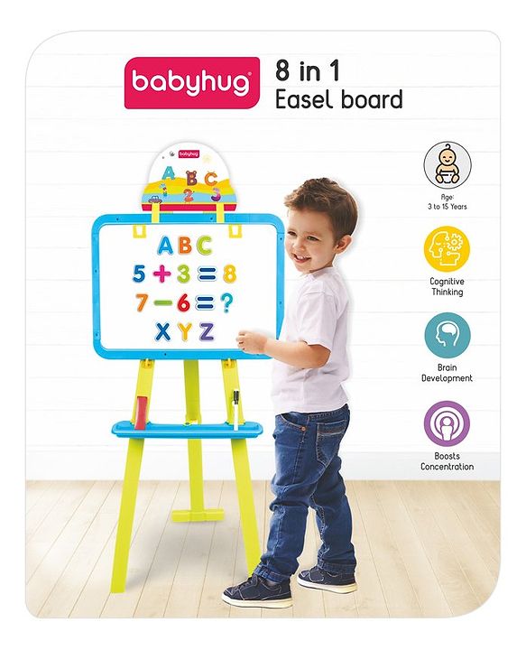 Babyhug 8-in-1 Adjustable Easel Board - Magnetic Whiteboard & Chalkboard with Alpha & Numeric | Hight Adjustable | Educational Toy | Enhances Learning & Creativity | Blue & Green |BIS Certified