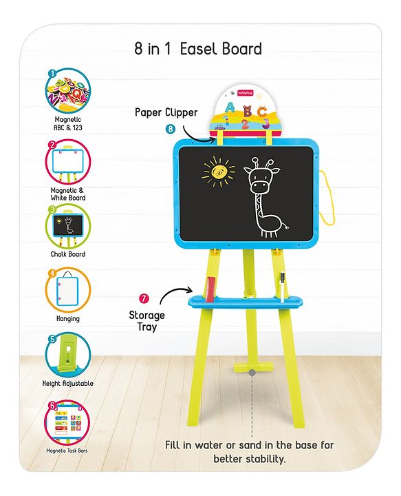 Babyhug 8-in-1 Adjustable Easel Board - Magnetic Whiteboard & Chalkboard with Alpha & Numeric | Hight Adjustable | Educational Toy | Enhances Learning & Creativity | Blue & Green |BIS Certified