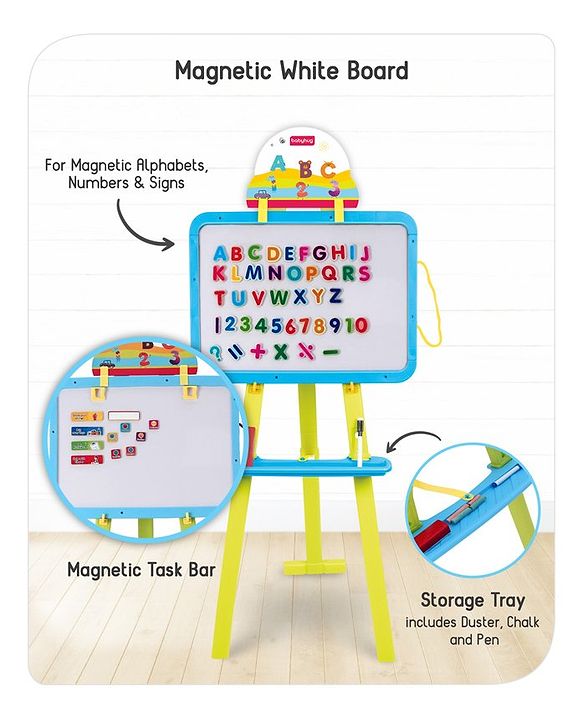 Babyhug 8-in-1 Adjustable Easel Board - Magnetic Whiteboard & Chalkboard with Alpha & Numeric | Hight Adjustable | Educational Toy | Enhances Learning & Creativity | Blue & Green |BIS Certified