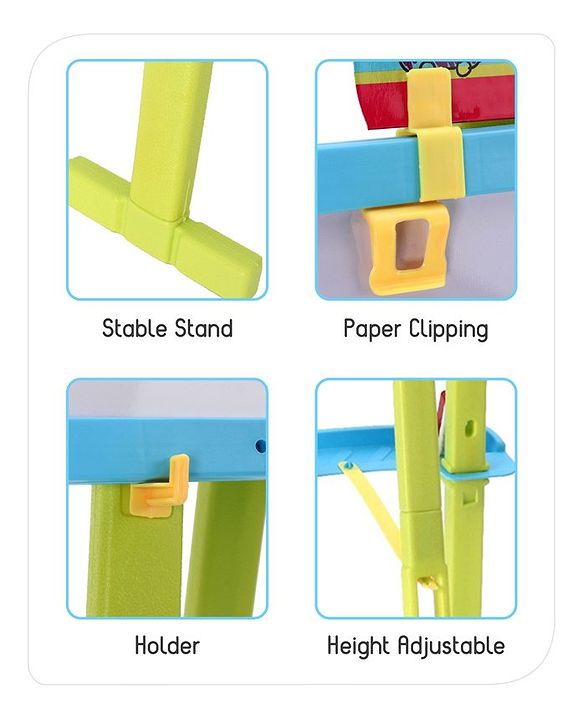 Babyhug 8-in-1 Adjustable Easel Board - Magnetic Whiteboard & Chalkboard with Alpha & Numeric | Hight Adjustable | Educational Toy | Enhances Learning & Creativity | Blue & Green |BIS Certified