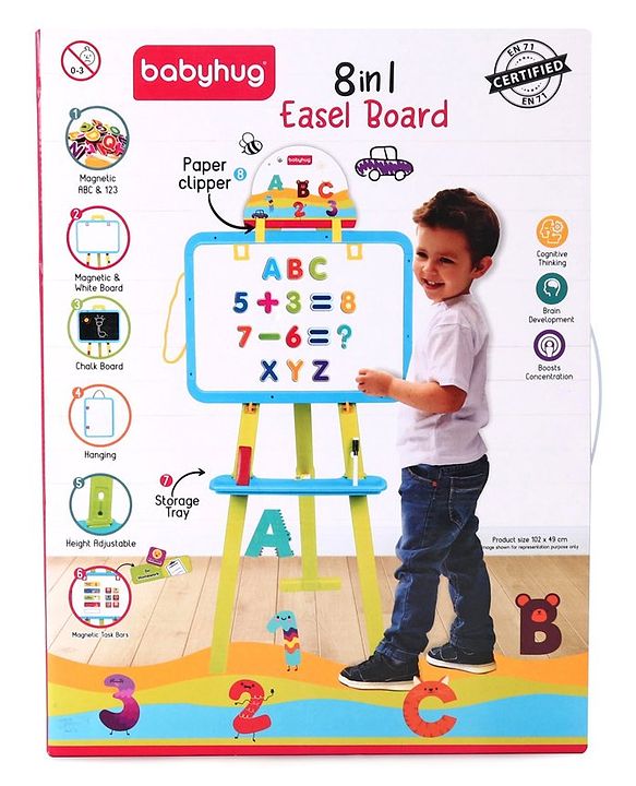 Babyhug 8-in-1 Adjustable Easel Board - Magnetic Whiteboard & Chalkboard with Alpha & Numeric | Hight Adjustable | Educational Toy | Enhances Learning & Creativity | Blue & Green |BIS Certified