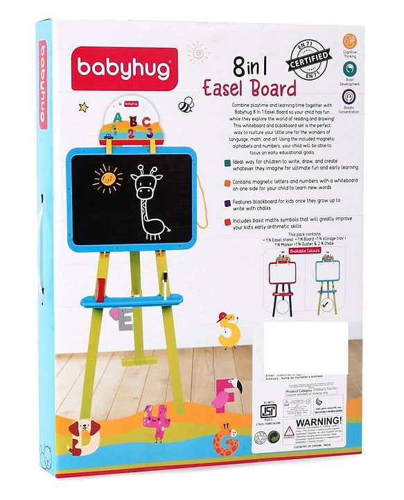 Babyhug 8-in-1 Adjustable Easel Board - Magnetic Whiteboard & Chalkboard with Alpha & Numeric | Hight Adjustable | Educational Toy | Enhances Learning & Creativity | Blue & Green |BIS Certified