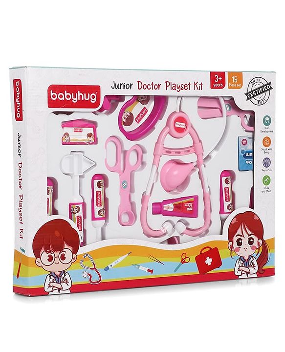 Babyhug Junior Doctor Play Set 15 Pieces - Pink | Pretend Care & Social Play | Inspires Empathy &  Imaginative Role-Play | BIS Certified