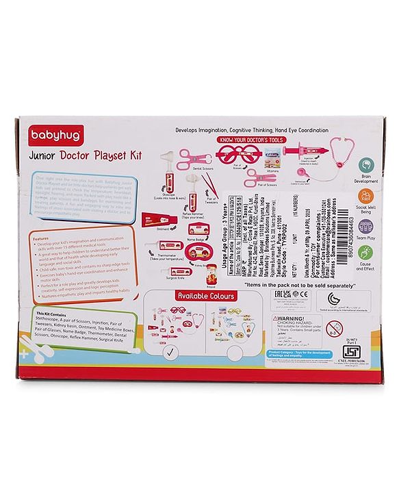 Babyhug Junior Doctor Play Set 15 Pieces - Pink | Pretend Care & Social Play | Inspires Empathy &  Imaginative Role-Play | BIS Certified
