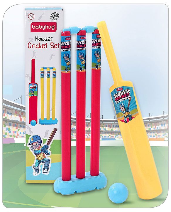 Babyhug Cricket Set - Yellow & Red with Bat, Stump, Bails, Ball & Holder | Cricket Kit for Boys and Girls | Indoor Outdoor Play | Birthday Gift |BIS Certified |