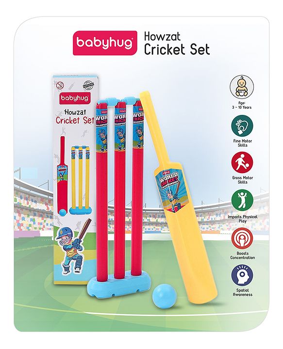 Babyhug Cricket Set - Yellow & Red with Bat, Stump, Bails, Ball & Holder | Cricket Kit for Boys and Girls | Indoor Outdoor Play | Birthday Gift |BIS Certified |