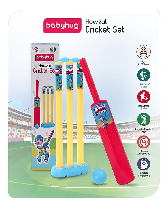 Babyhug Cricket Set - Yellow & Red with Bat, Stump, Bails, Ball & Holder | Cricket Kit for Boys and Girls | Indoor Outdoor Play | Birthday Gift |BIS Certified |