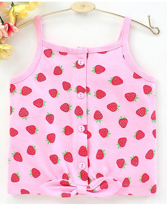 Babyhug Singlet Sleeves Tee Strawberry Print - Pink