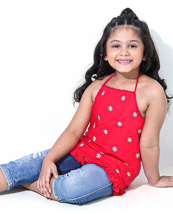 Babyhug Singlet Sleeves Top Floral Embroidered - Red