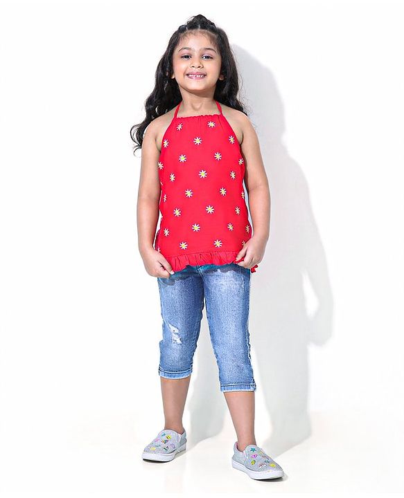Babyhug Singlet Sleeves Top Floral Embroidered - Red