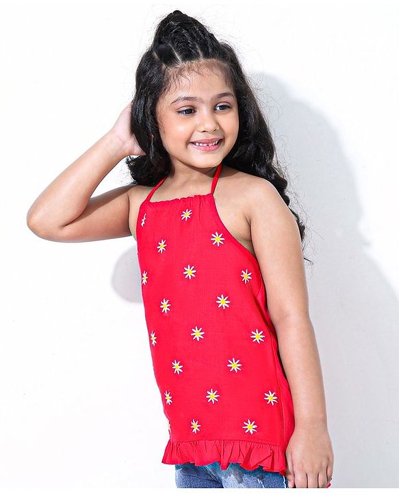Babyhug Singlet Sleeves Top Floral Embroidered - Red