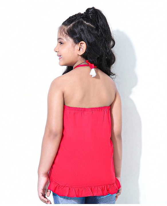 Babyhug Singlet Sleeves Top Floral Embroidered - Red