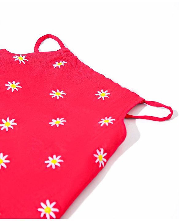 Babyhug Singlet Sleeves Top Floral Embroidered - Red