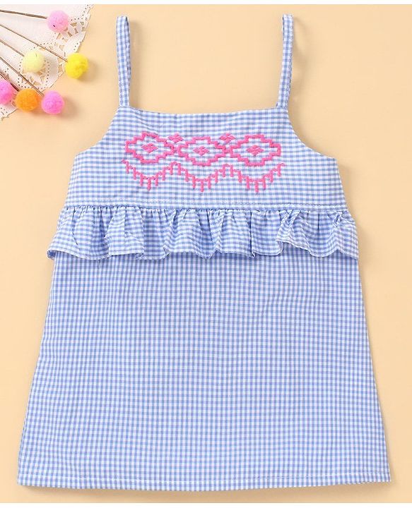 Babyhug Singlet Checks Poplin Top with Embroidery & Frill Detailing - Blue & White