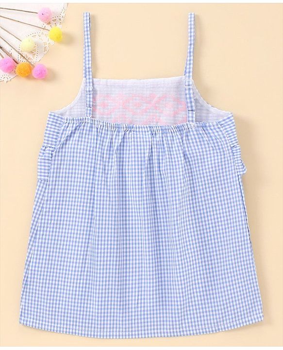 Babyhug Singlet Checks Poplin Top with Embroidery & Frill Detailing - Blue & White