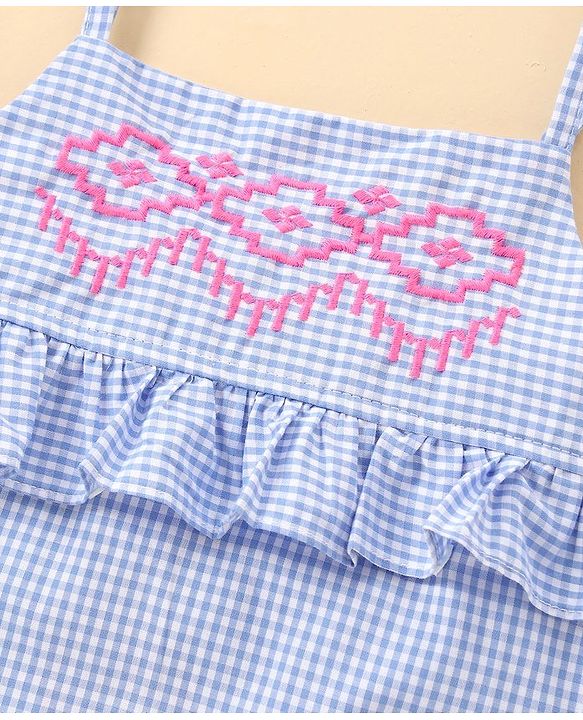 Babyhug Singlet Checks Poplin Top with Embroidery & Frill Detailing - Blue & White