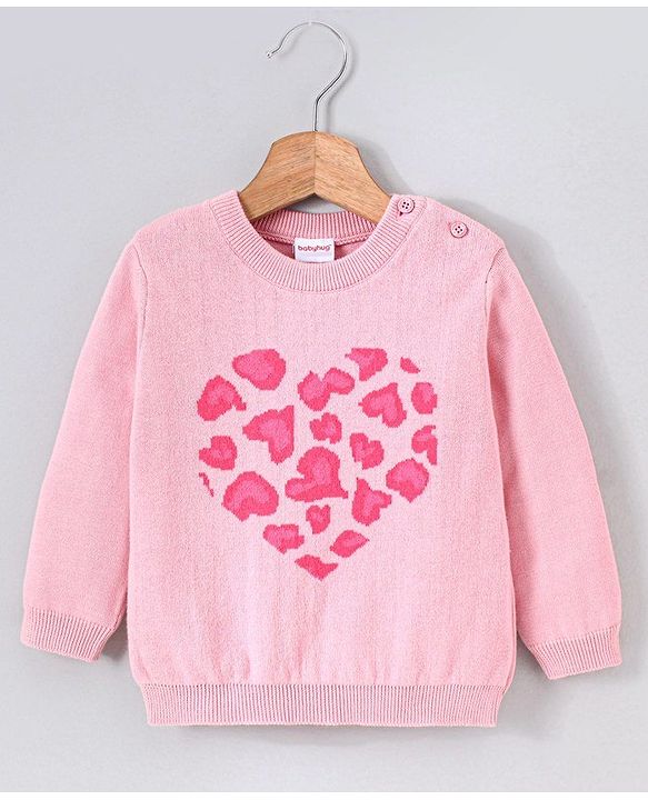 Babyhug Full Sleeves 100% Organic Pullover Sweater Heart Print - Pink