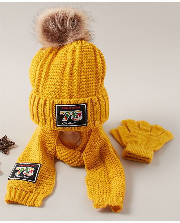Babyhug Woven Cap with Pom Pom and Gloves Muffler Set - Yellow