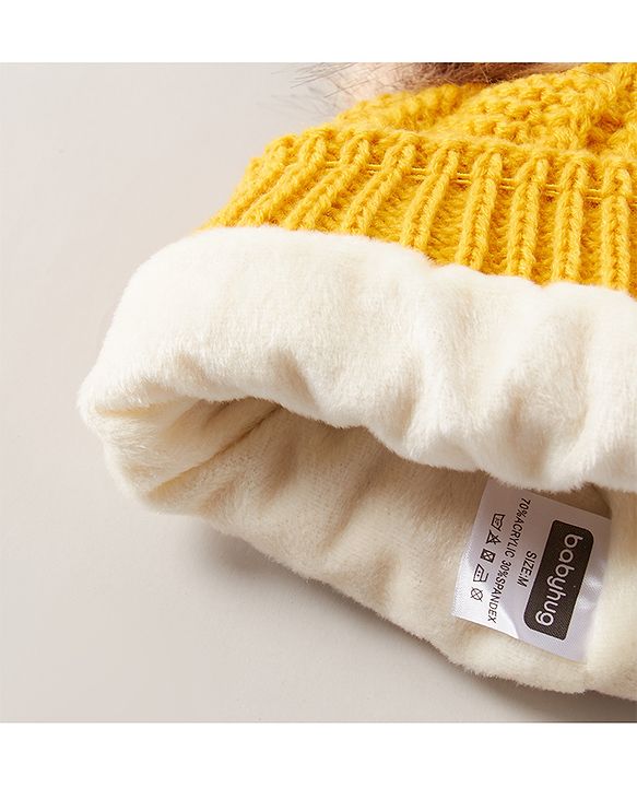 Babyhug Woven Cap with Pom Pom and Gloves Muffler Set - Yellow