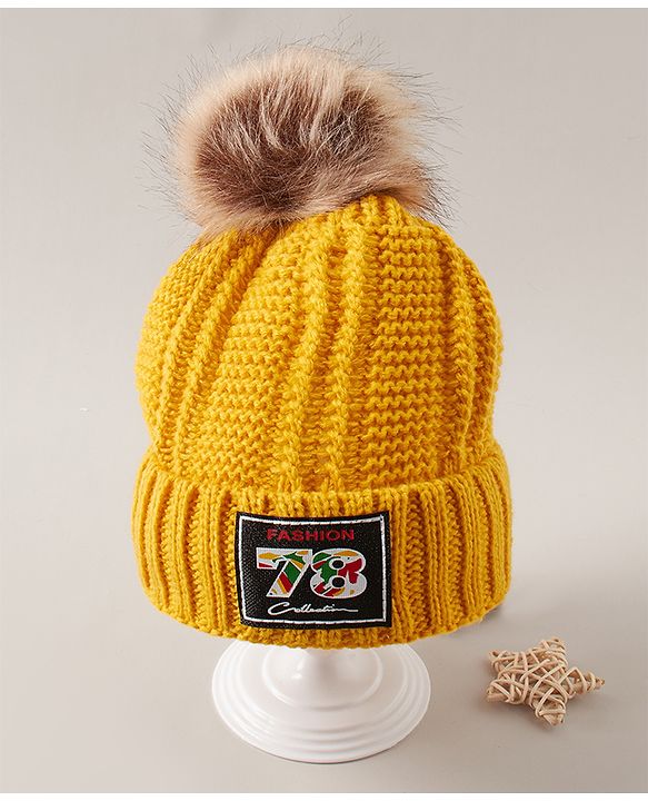 Babyhug Woven Cap with Pom Pom and Gloves Muffler Set - Yellow