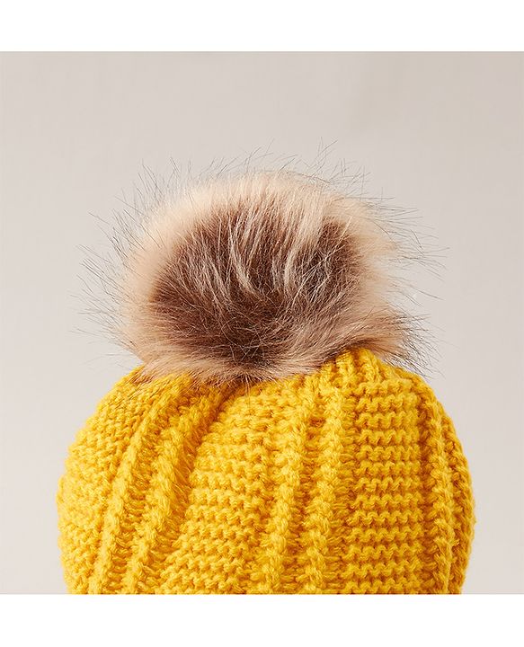Babyhug Woven Cap with Pom Pom and Gloves Muffler Set - Yellow