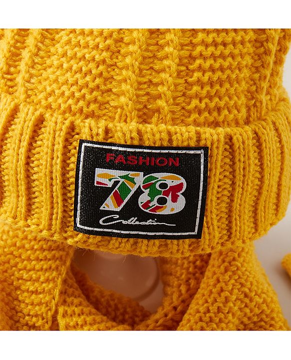 Babyhug Woven Cap with Pom Pom and Gloves Muffler Set - Yellow