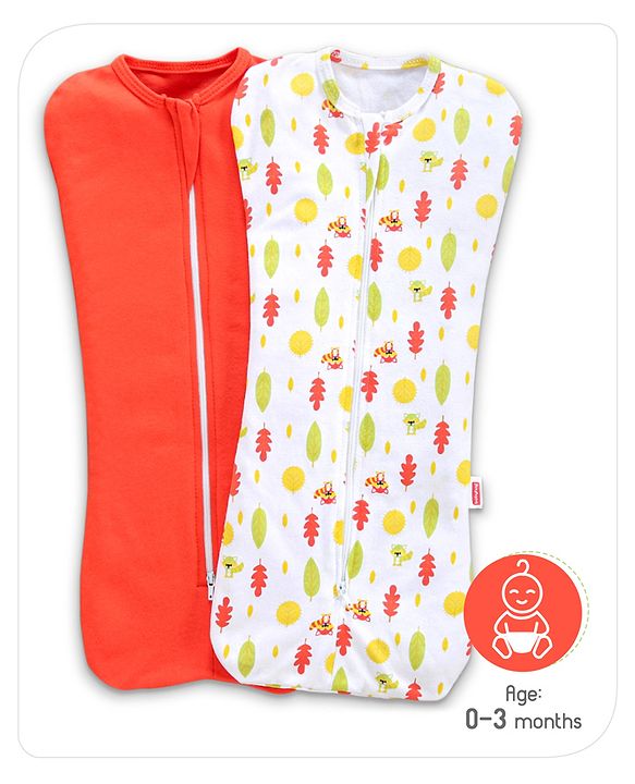 Babyhug Cotton Zipper Swaddle Racoon Print Pack of 2 - Red White