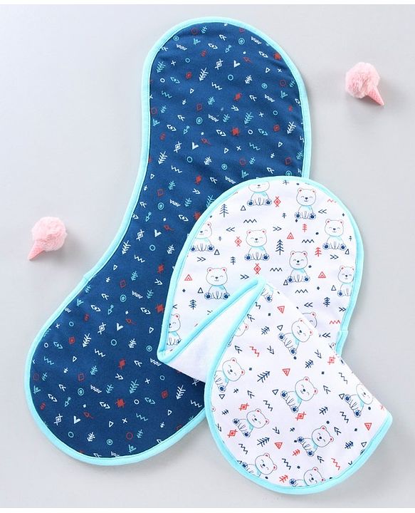 Babyhug Cotton Burp Cloths Bear Print Set of 2 - Navy Blue & White