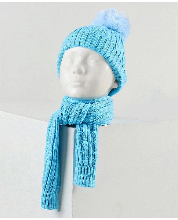 Babyhug Woollen Cap with Muffler & Mittens Blue - Diameter 9 cm