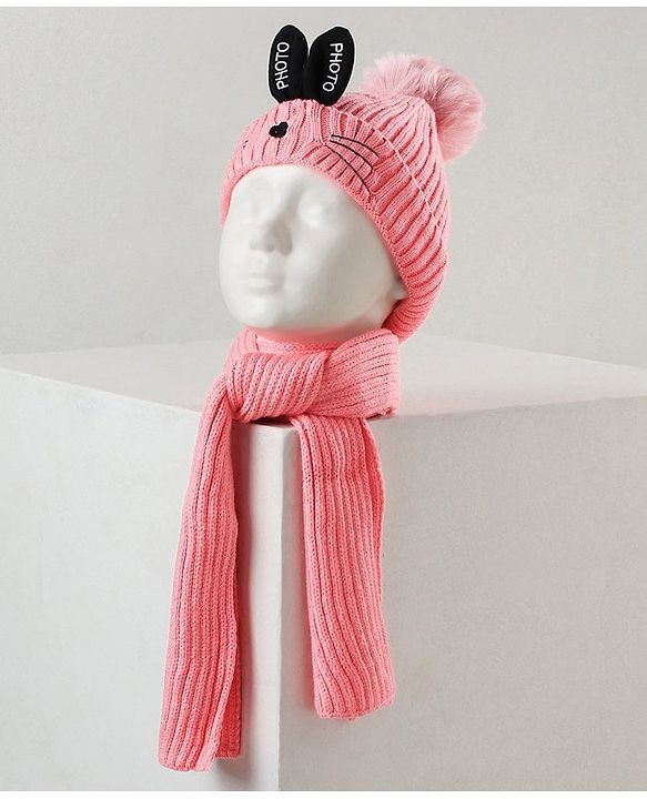 Babyhug Woollen Cap with Scarf Peach - Diameter 11 cm