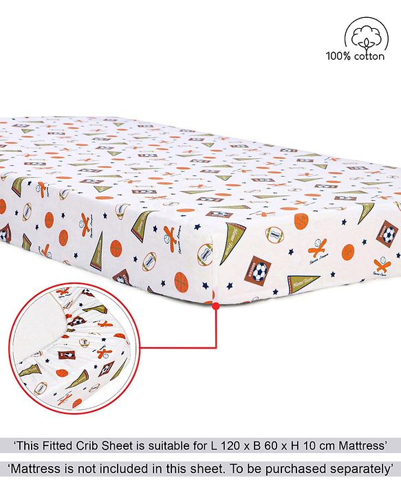 Babyhug Premium 100% Cotton Fitted Crib Sheet Sports Print Regular - White