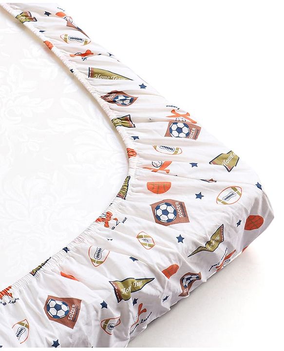 Babyhug Premium 100% Cotton Fitted Crib Sheet Sports Print Regular - White