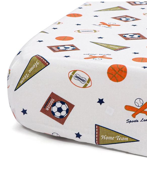 Babyhug Premium 100% Cotton Fitted Crib Sheet Sports Print Regular - White