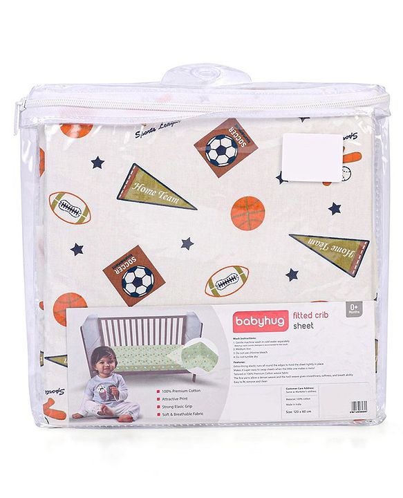 Babyhug Premium 100% Cotton Fitted Crib Sheet Sports Print Regular - White