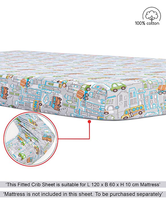 Babyhug Premium 100% Cotton Fitted Crib Sheet Transport Print Small - Blue
