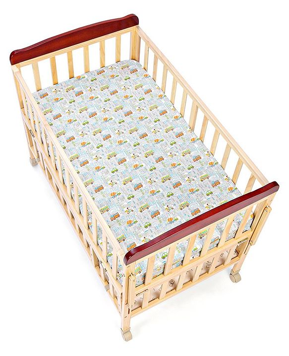 Babyhug Premium 100% Cotton Fitted Crib Sheet Transport Print Small - Blue