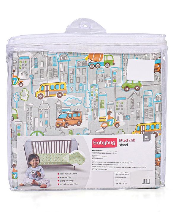 Babyhug Premium 100% Cotton Fitted Crib Sheet Transport Print Small - Blue