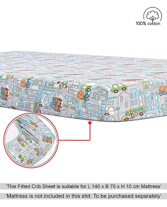 Babyhug Premium 100% Cotton Fitted Crib Sheet Transport Print Large - Blue| Gentle on Babies Skin| Cozy Sleeping Environment| Versatile Use| 100% Cotton| Elastic Borders| Machine Washable