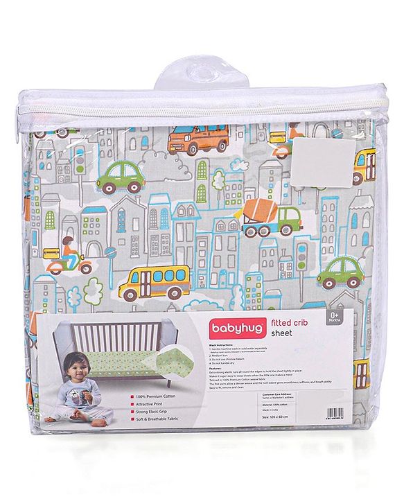 Babyhug Premium 100% Cotton Fitted Crib Sheet Transport Print Large - Blue| Gentle on Babies Skin| Cozy Sleeping Environment| Versatile Use| 100% Cotton| Elastic Borders| Machine Washable