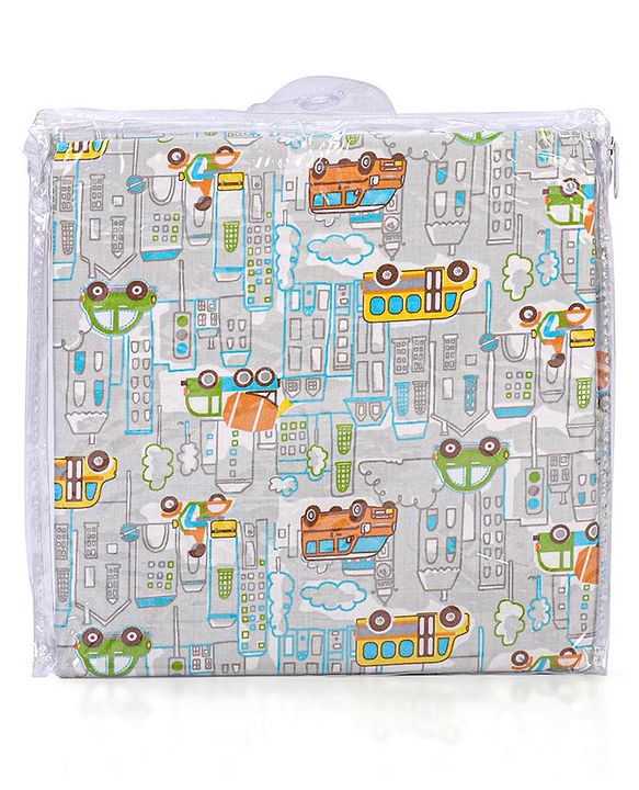 Babyhug Premium 100% Cotton Fitted Crib Sheet Transport Print Large - Blue| Gentle on Babies Skin| Cozy Sleeping Environment| Versatile Use| 100% Cotton| Elastic Borders| Machine Washable