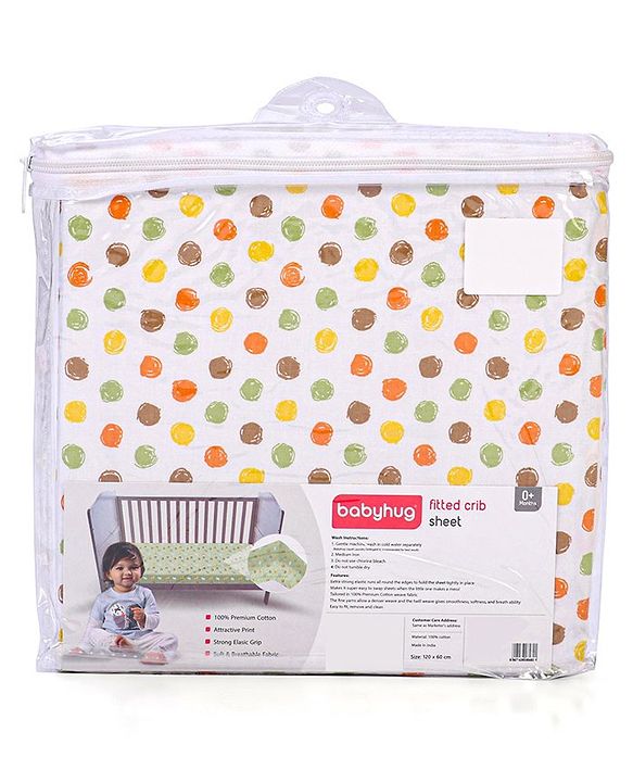 Babyhug Premium 100% Cotton Fitted Crib Sheet Polka Dots Large - Multicolor| Gentle on Babies Skin| Cozy Sleeping Environment| Versatile Use| 100% Cotton| Elastic Borders| Machine Washable