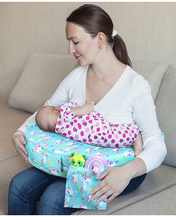 Babyhug Cotton Feeding Pillow With Belt Unicorn Print - Blue