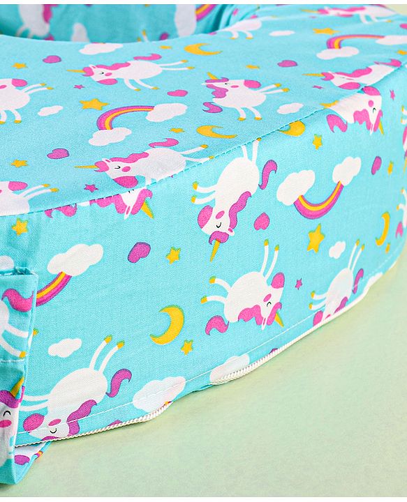 Babyhug Cotton Feeding Pillow With Belt Unicorn Print - Blue