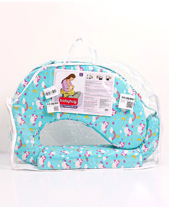 Babyhug Cotton Feeding Pillow With Belt Unicorn Print - Blue