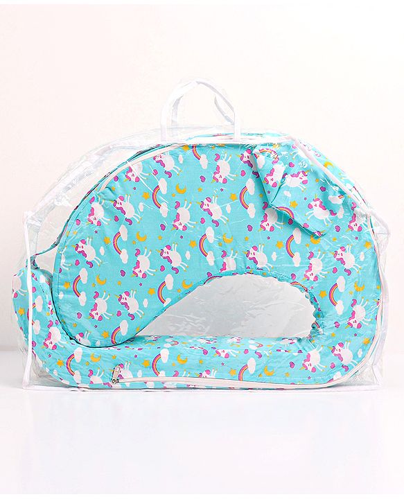 Babyhug Cotton Feeding Pillow With Belt Unicorn Print - Blue